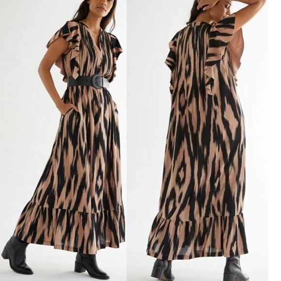 Maeve Cassandra Maxi Dress Flutter Sleeve Ruffle Hem Black Tan Womens Size XL - Picture 7 of 7